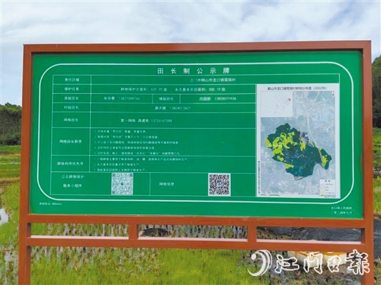 田長制公示牌列出田長信息、工作職責和永久基本農(nóng)田的位置等內(nèi)容。