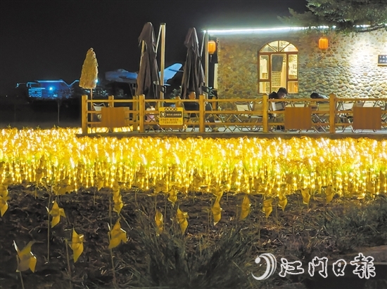 每當夜幕降臨，牛欄咖啡店外就會亮起連片“發(fā)光”水稻，搭配上小風車，成為當地夜經濟“最靚的店”。
