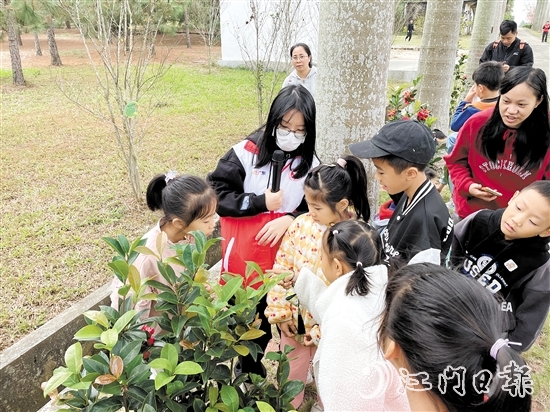 孩子們?cè)谧匀粚?dǎo)師的介紹下了解各種植物。