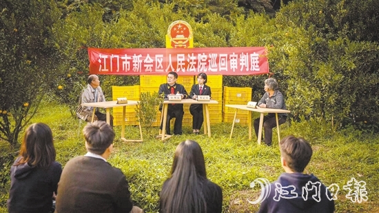 會(huì)城法庭干警就一起隨意傾倒柑肉致相鄰種植戶柑樹受損案進(jìn)行巡回審判。