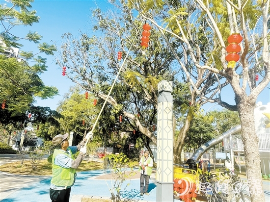 工作人員在開平市各大公園懸掛燈籠，喜迎新春。