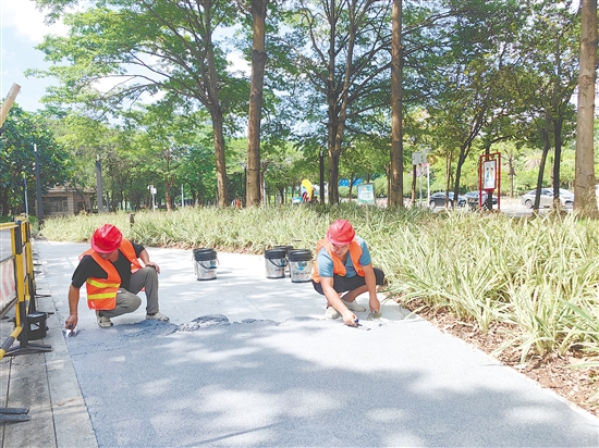 城管部門在釜山公園試點(diǎn)鋪裝樹脂水洗石。