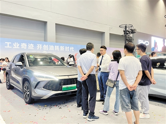 銷(xiāo)售人員向市民講解車(chē)型亮點(diǎn)。